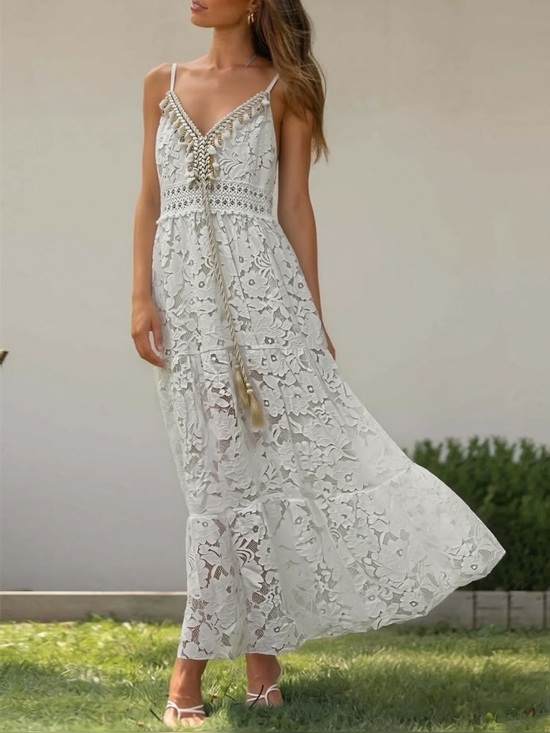 ShopEvelynne Dresses & Skirts - MADE IN ITALY  Lace Maxi Dress with V-Neck and Tassel Detail